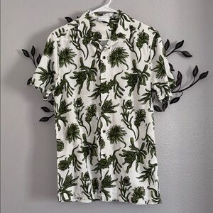 ASOS White Short Sleeve Button-Down Shirt with Green Botanical Print